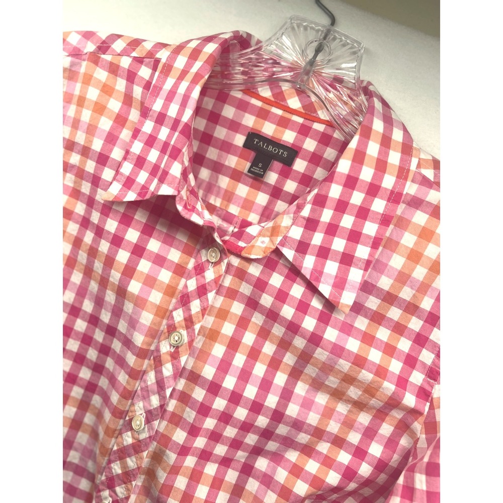 Talbots Womens Pink Orange Gingham Check Cotton Button Down Shirt Small ID4976